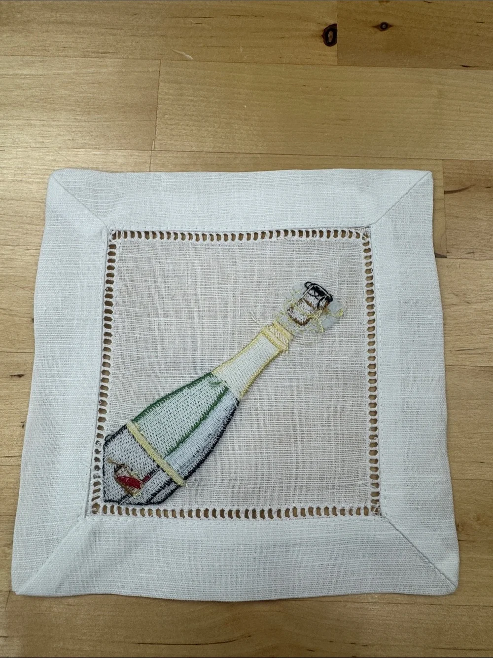 Champagne Bottle Embroidered Linen Cocktail Napkins - White/Green